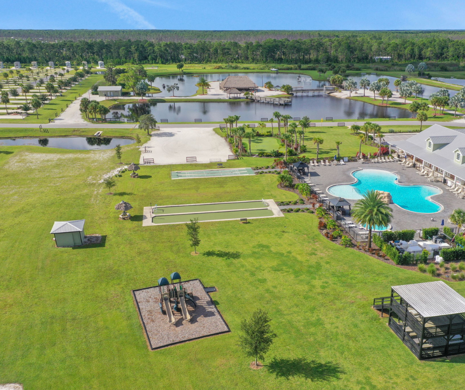 Aerial of Canopy Oaks Palm Breeze Fire Pit Area